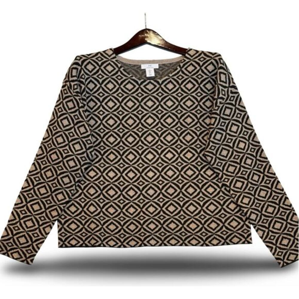 Halston Geometric Knit Sweater Black Beige Long Sleeve‎ Sz. L